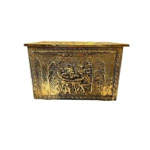 Vintage Mid-20th Century English Embossed Brass Log Box, with Rare Tavern Scenes